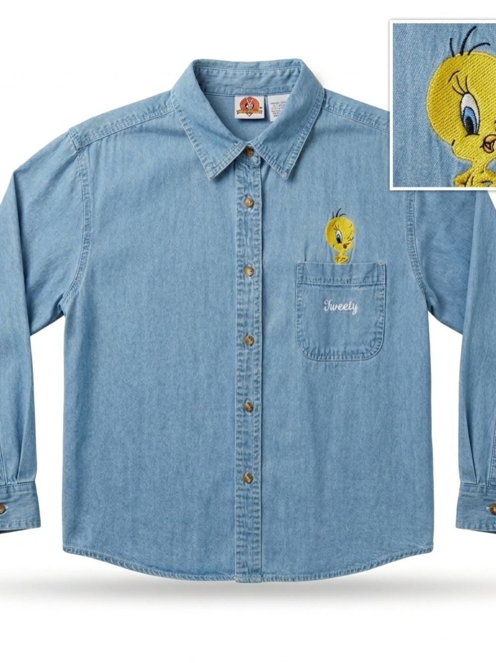 Vintage 90s Looney Tunes Tweety Bird Denim Shirt Women's 14W/16W  Button Down - Picture 13 of 13
